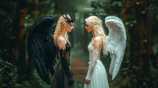 White female angel and black demon with wings