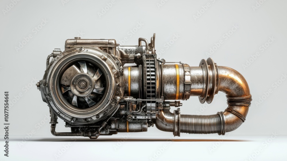 Poster detailed view of a diesel engine turbocharger with exhaust system analysis and industrial design fea