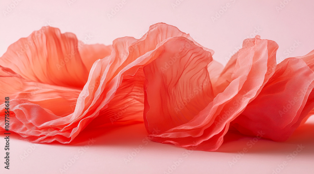 Poster Delicate peach-colored petals gently curve and fold, creating a soft and ethereal texture against a pale pink background