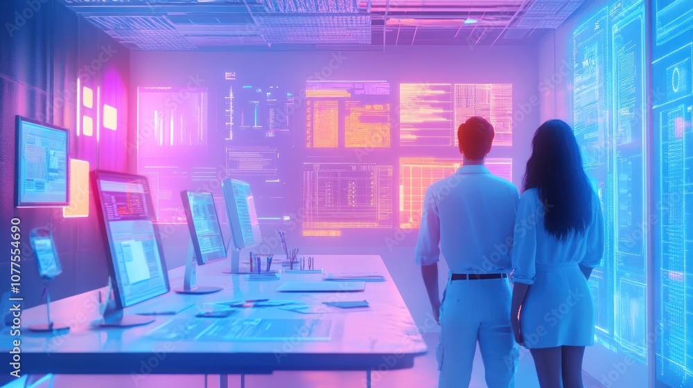 Poster two people standing in a futuristic office with multiple screens displaying colorful data.