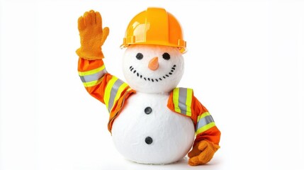 Fototapeta premium Cheerful Snowman Dressed as a Foreman Worker Saluting with an Orange Hard Hat and Reflective Vest, Perfect for Seasonal Construction Theme