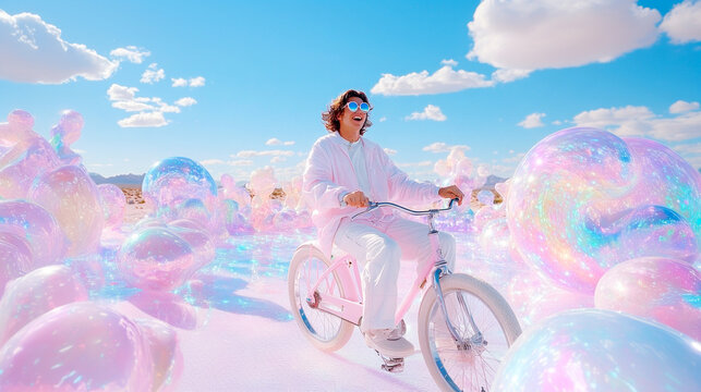 Man riding a bicycle in surreal surroundings with trippy pearl bubbles, tribute to Bicycle day, discovery of hallucinogenic drug LSD