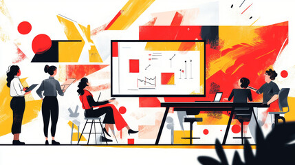 Modern art inspires creative thinking in the workplace.  Teams work together, solving problems and completing projects.  This teamwork leads to growth and career advancement.