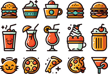 A set of food and beverage icons featuring popular items like coffee cups, burgers, pizza, cocktails, and desserts