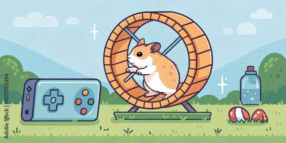 Poster playful hamster a e pixelated hamster runs in its tiny wheel displayed on a mini handheld device. th
