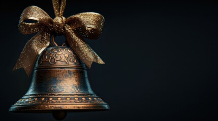 A single, ornate, copper bell with a gold ribbon bow hanging against a black background, ready for a Christmas or holiday greeting.