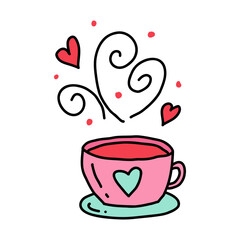 Pink cup with heart design and swirling hearts instead of steam in doodle style isolated on white background. Hand drawn cute cup for Valentine's Day, weddings. Love and celebration with charming cup