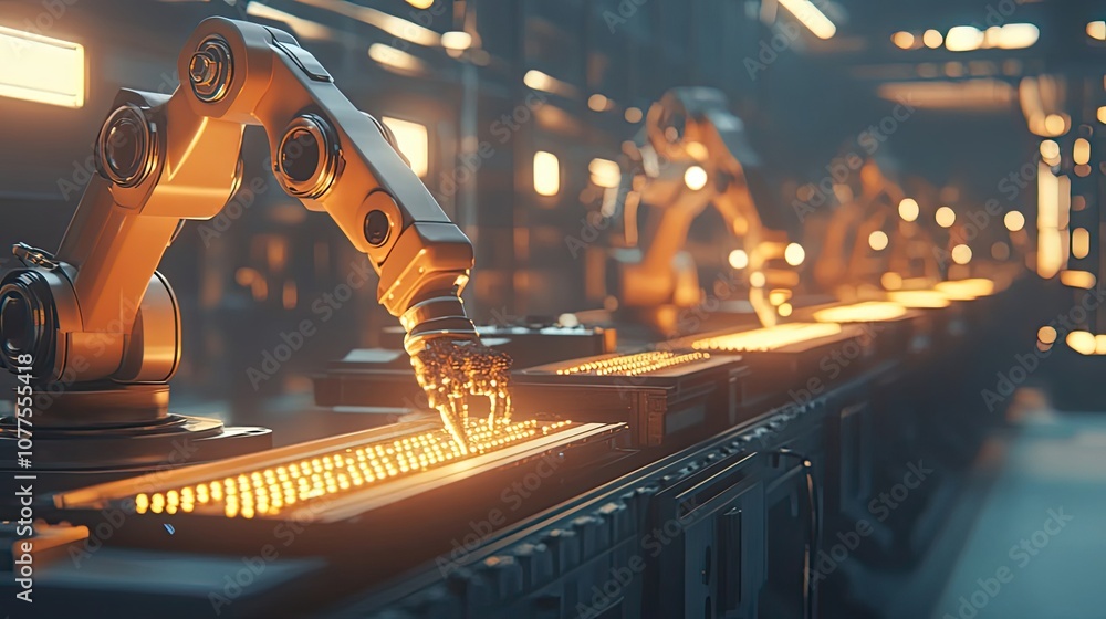 Poster robotic arm assembling parts on a conveyor belt in a factory setting