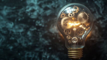 Gears within a light bulb glow warmly, symbolizing bright ideas and the essence of creativity in a shaded background