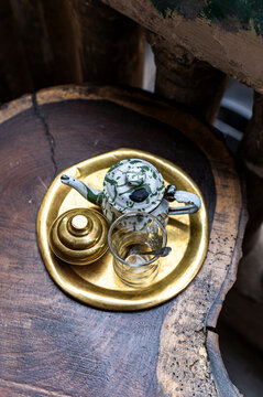 Traditional Tea Service on Wooden Table