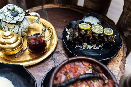 Traditional Egyptian Meal at Rustic Table