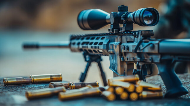 Modern powerful sniper rifle with a telescopic sight mounted on a bipod. Ammo and an additional magazine next to the rifle