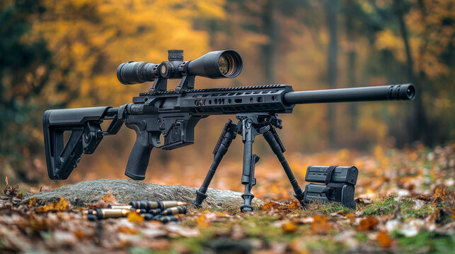 Modern powerful sniper rifle with a telescopic sight mounted on a bipod. Ammo and an additional magazine next to the rifle