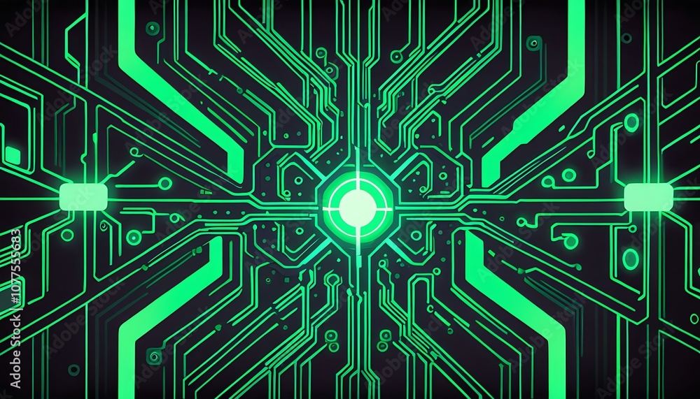 Poster an abstract representation of circuit board patterns in bright greens and blacks, glowing against a 