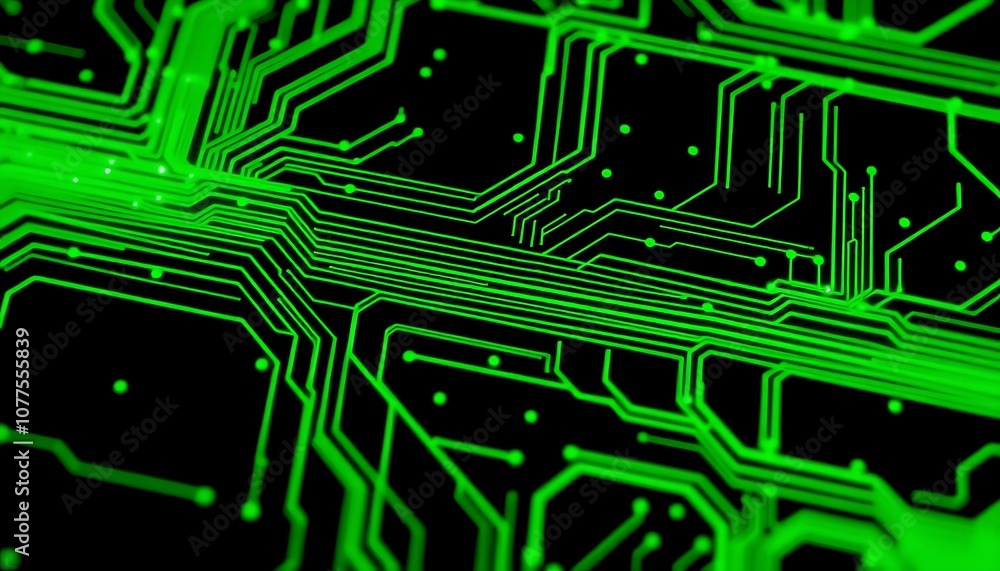 Poster an abstract representation of circuit board patterns in bright greens and blacks, glowing against a 