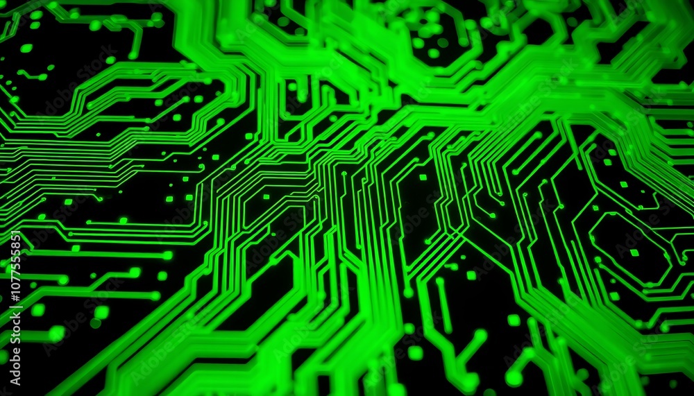 Poster an abstract representation of circuit board patterns in bright greens and blacks, glowing against a 