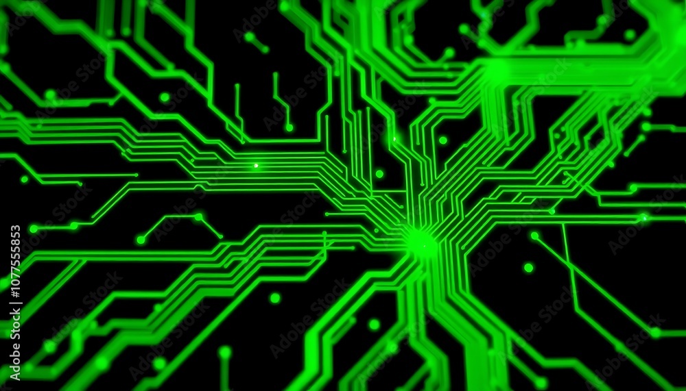 Poster an abstract representation of circuit board patterns in bright greens and blacks, glowing against a 