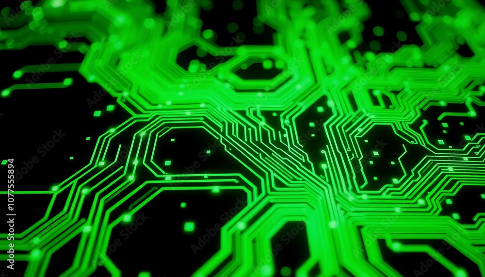 Poster an abstract representation of circuit board patterns in bright greens and blacks, glowing against a 