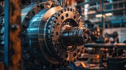 Close-up of a large industrial machine with a rotating gear and shaft