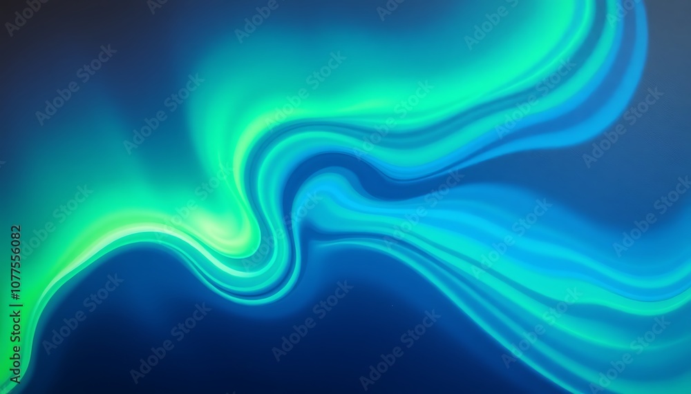 Poster fluid shapes morph and transform in a spectrum of colors that shift from deep emerald green to soft 