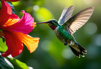 Obraz premium Vibrant Hummingbird Feeding on Nectar Near Colorful Flower with Iridescent Feathers in Sunlight