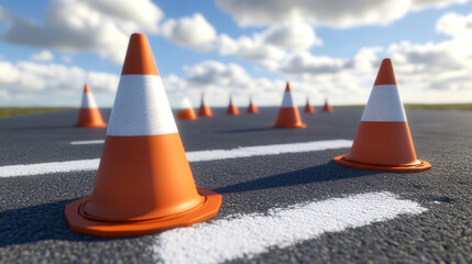 Orange cones with white stripes, like you see on the road, but made with a computer program.