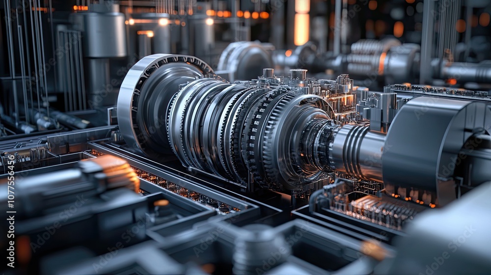 Poster close-up of a complex industrial machine with interlocking gears and components