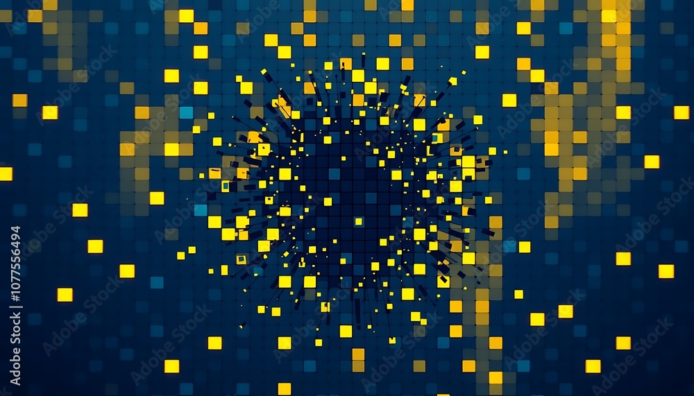 Poster a digital mosaic of tiny squares, breaking apart in a chaotic burst. the pixelated pattern transitio