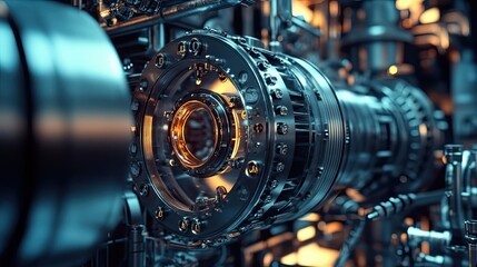 Fototapeta premium Close-up of a Metallic Gear Mechanism with a Glowing Orange Center