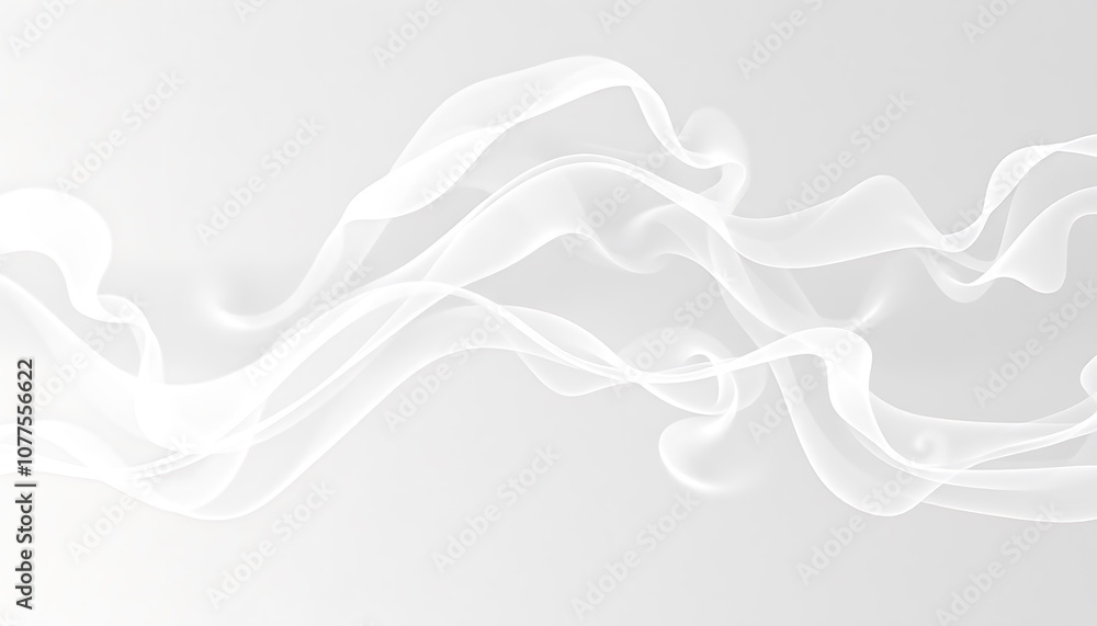 Poster delicate trails of smoke-like shapes twist and weave across the canvas in soft whites and grays, wit