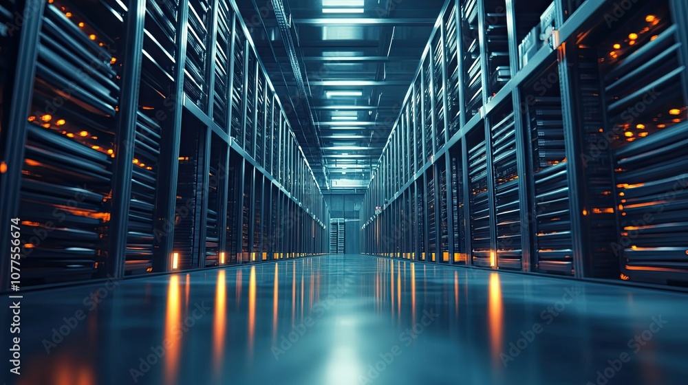 Poster glowing server racks in a data center corridor