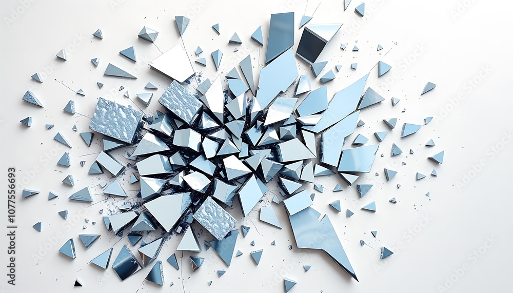 Poster fractured, jagged pieces of an abstract design are scattered across the canvas in a burst of motion.