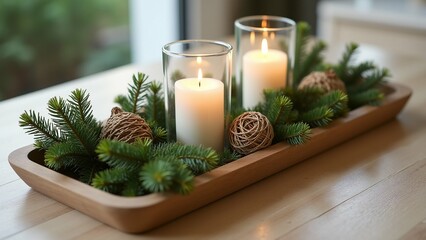 A wooden tray filled with evergreens and candles sits on top of a table, decorated with leaves and other decorative items. The blurred background adds a festive, cozy atmosphere to the scene.