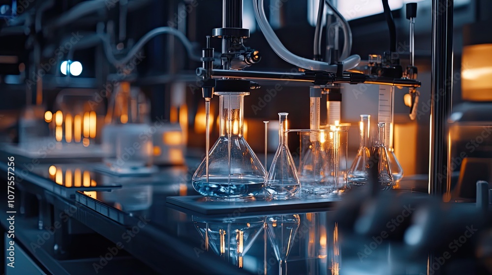 Poster glass beakers and flasks with a machine dispensing liquids in a lab.