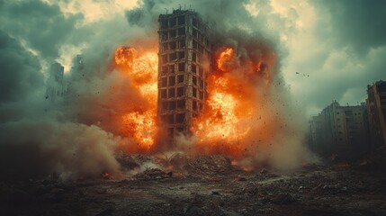 Obraz premium Explosion of a building amidst a smoky, chaotic urban landscape.
