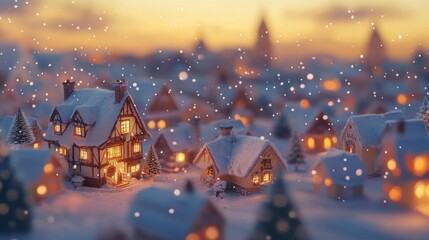 Snow blankets the charming village as warm lights glow from cozy homes during a tranquil winter...