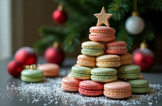 French macaron dessert laid out in the shape of a Christmas tree with a star on the background of a Christmas tree. Christmas dessert. Christmas tree made from macaroons. Macaron in a lined tower.