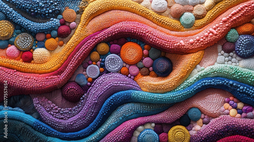 Poster colorful abstract patterns resembling waves and textures.