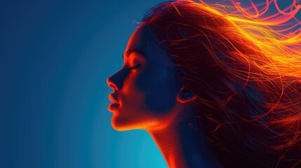 A woman with flowing red hair against a blue background, illuminated by neon lights.