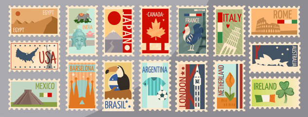 Set of colorful vector illustrations of international travel stamps featuring iconic landmarks and symbols from various countries, perfect for travel-themed designs, postcards, and souvenirs