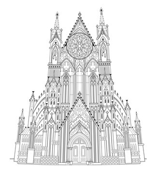 recommend clip art: Drawing of ancient gothic cathedral. Black and white page for kids coloring book. Fantasy castle with stained glass windows and rose. French medieval architecture. Hand drawn vector illustration.