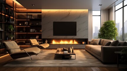 Modern Living Room with Fireplace and City View