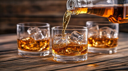 Someone is pouring whiskey from a bottle into a glass filled with ice. There's room for text around the image.