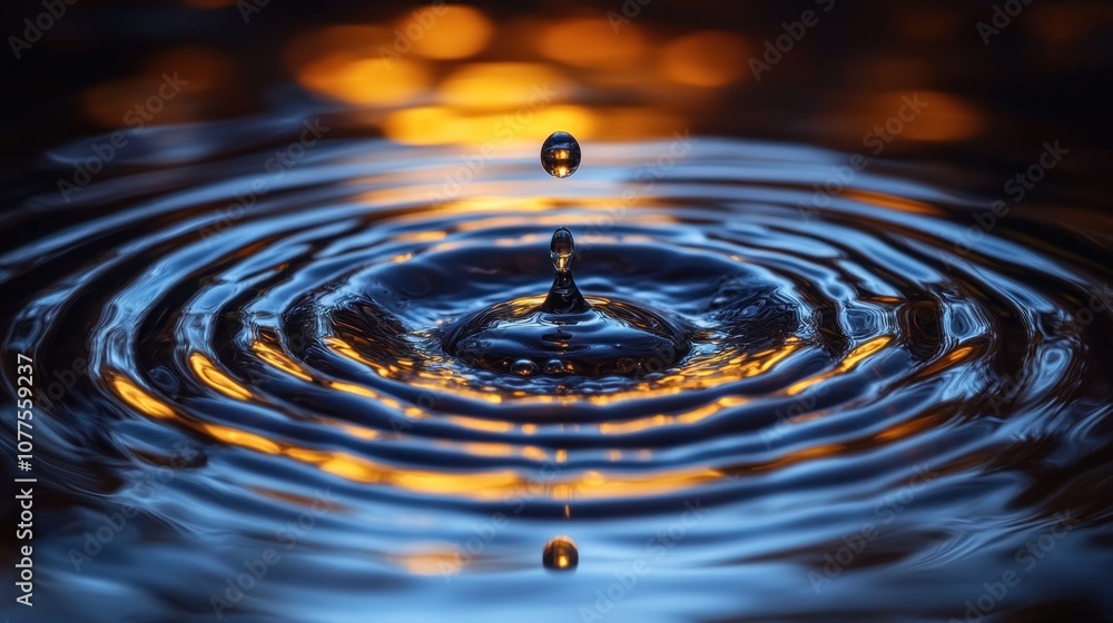 Poster a water drop creating ripples in a reflective surface.