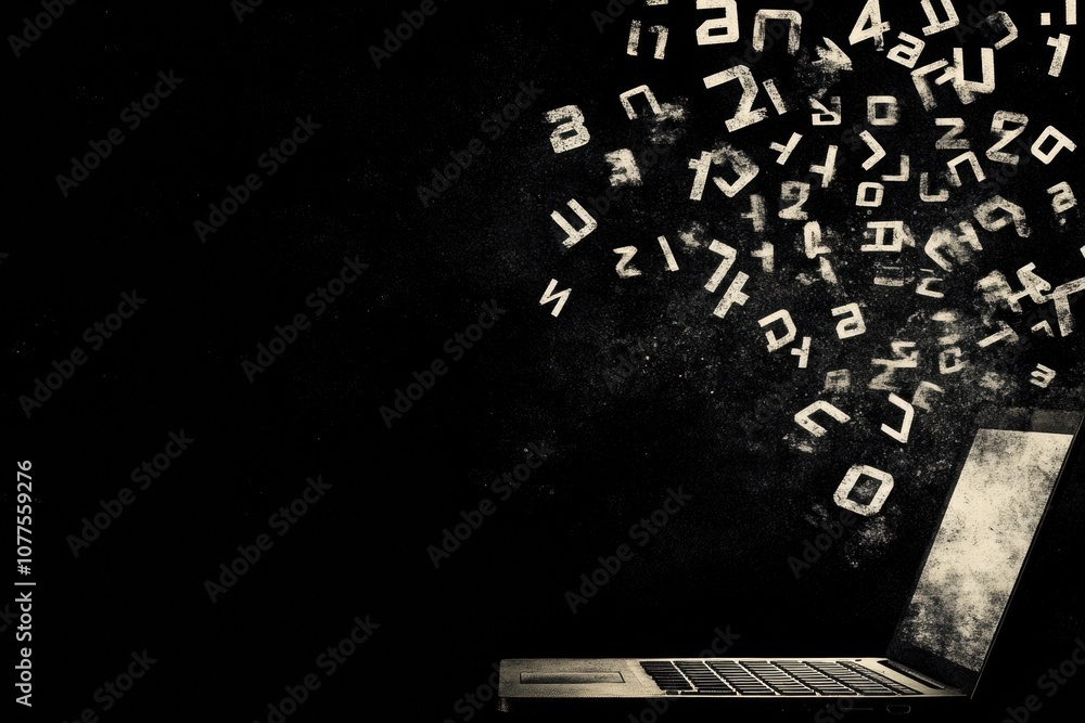 Poster a laptop silhouette emits a cascade of numbers, symbolizing the dynamic world of technology and digi