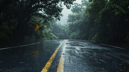 Obraz premium The road is closed because of heavy rain and flooding.