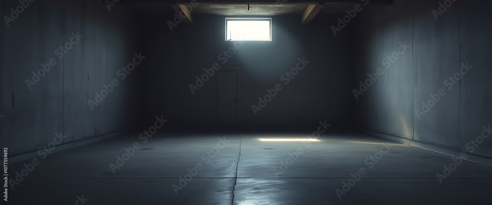 Poster a desolate, minimalist space with cold, grey walls and a polished concrete floor, bathed in a faint,