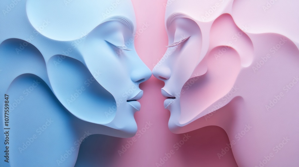Poster two abstract silhouettes of diverse faces in pastel hues portray the essence of communication and em