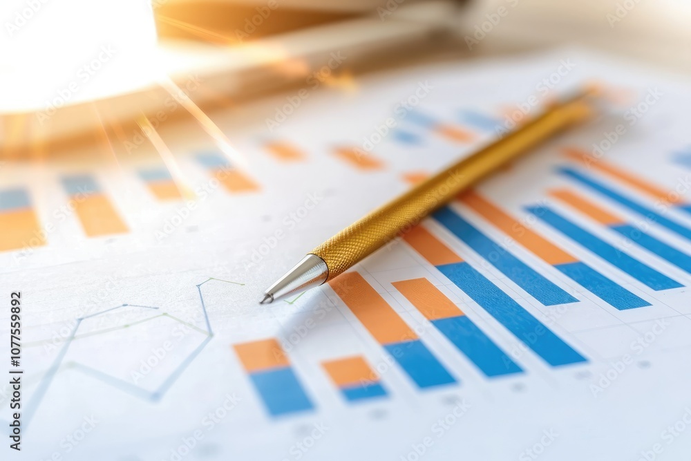 Poster a close-up of a statistics report featuring colorful bar charts and a gold pen, emphasizing data ana