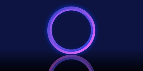 Abstract technology background with a glowing purple neon circle in the middle that emits light and has a reflection underneath, isolated on a dark blue room